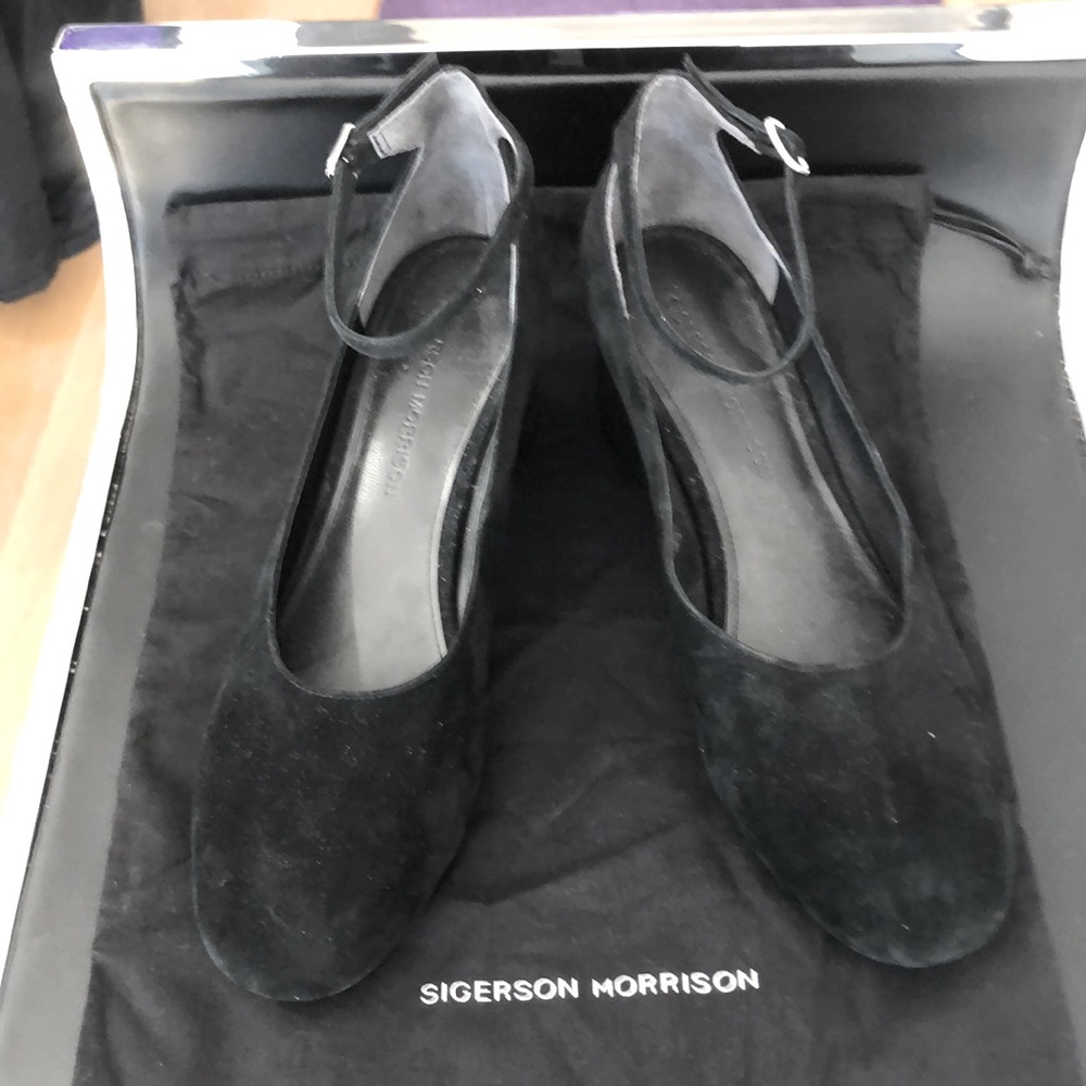 Sigerson Morrison Black Suede Low Pump with Ankle Strap, Block Heel, Size 8